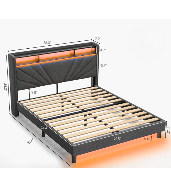 Grey full size platform bed with linen upholstery, wingback headboard featuring RGB LED lights, built-in USB and USB-C ports, and three-tier storage compartments.