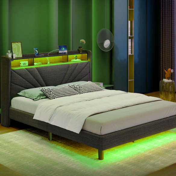 Grey full size platform bed with linen upholstery, wingback headboard featuring RGB LED lights, built-in USB and USB-C ports, and three-tier storage compartments.