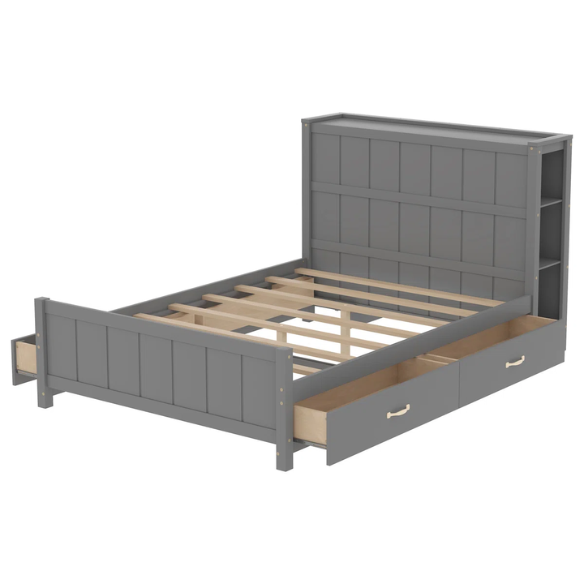 Grey full size platform bed with four underbed storage drawers, integrated headboard shelving, and solid wood slat support