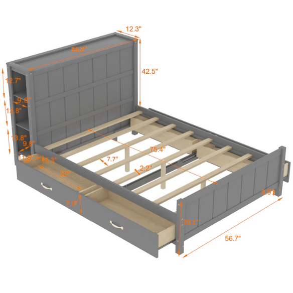 Grey full size platform bed with four underbed storage drawers, integrated headboard shelving, and solid wood slat support