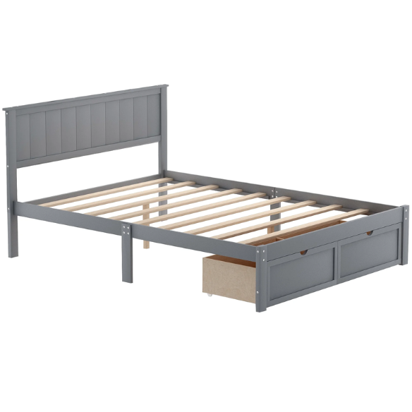 Full size grey platform bed with two built-in storage drawers, solid pine and MDF frame, rectangular grey headboard, and 11-inch clearance from floor to bottom.
