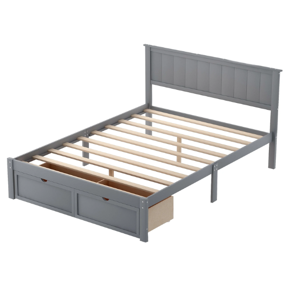 Full size grey platform bed with two built-in storage drawers, solid pine and MDF frame, rectangular grey headboard, and 11-inch clearance from floor to bottom.