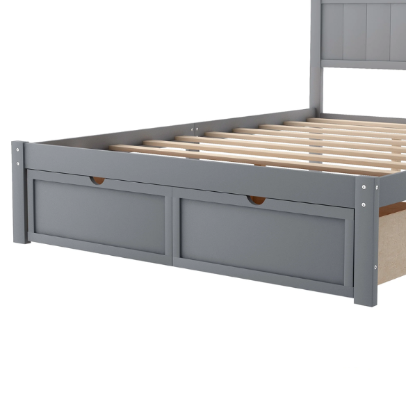 Full size grey platform bed with two built-in storage drawers, solid pine and MDF frame, rectangular grey headboard, and 11-inch clearance from floor to bottom.