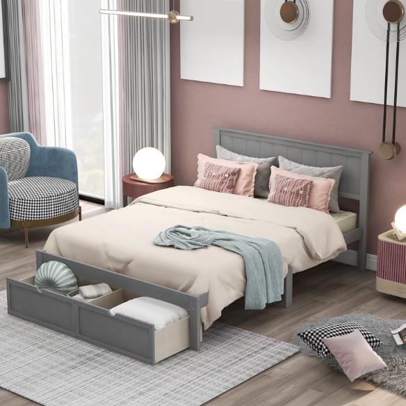 Full size grey platform bed with two built-in storage drawers, solid pine and MDF frame, rectangular grey headboard, and 11-inch clearance from floor to bottom.