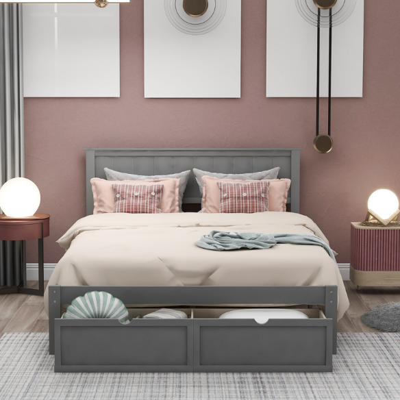 Full size grey platform bed with two built-in storage drawers, solid pine and MDF frame, rectangular grey headboard, and 11-inch clearance from floor to bottom.