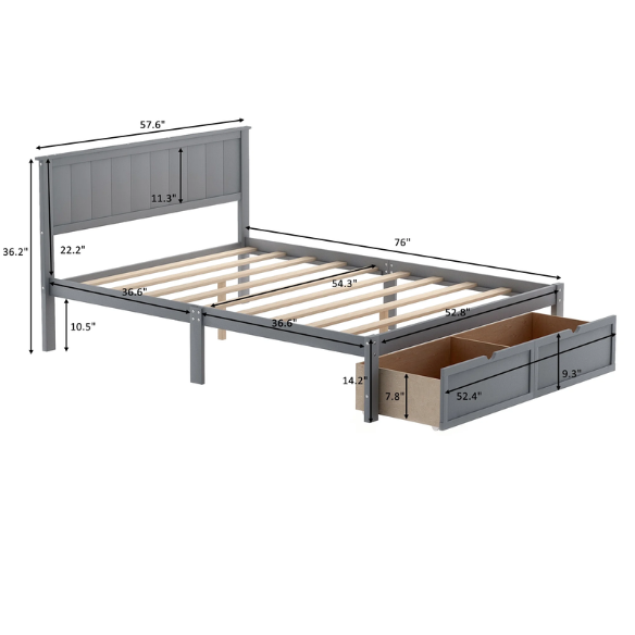 Full size grey platform bed with two built-in storage drawers, solid pine and MDF frame, rectangular grey headboard, and 11-inch clearance from floor to bottom.