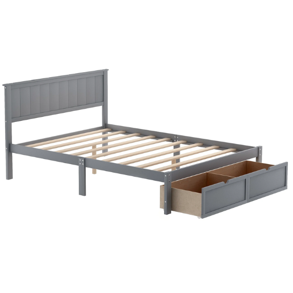 Full size grey platform bed with two built-in storage drawers, solid pine and MDF frame, rectangular grey headboard, and 11-inch clearance from floor to bottom.
