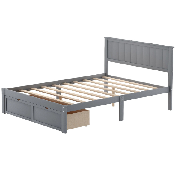 Full size grey platform bed with two built-in storage drawers, solid pine and MDF frame, rectangular grey headboard, and 11-inch clearance from floor to bottom.