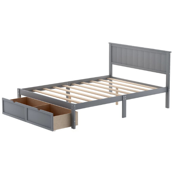Full size grey platform bed with two built-in storage drawers, solid pine and MDF frame, rectangular grey headboard, and 11-inch clearance from floor to bottom.