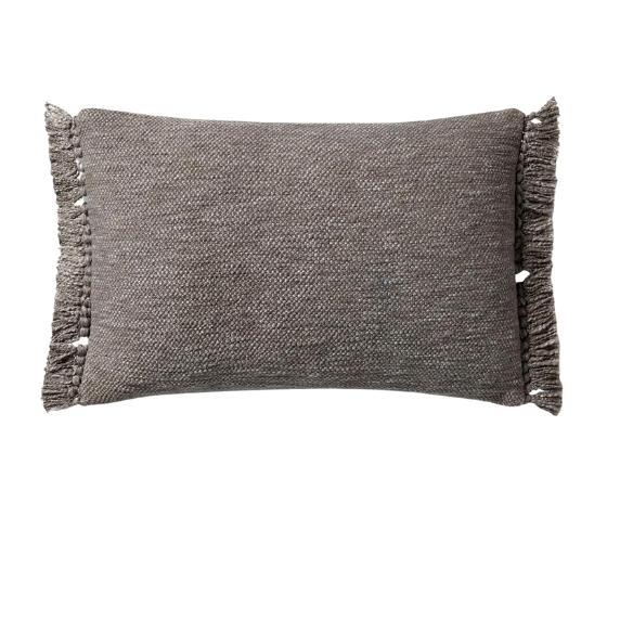 Grey rectangular lumbar throw pillow with fringe trim, 13x21 inches, featuring a cotton-polyester-rayon cover and plush polyester fill—perfect for modern and neutral interior décor.