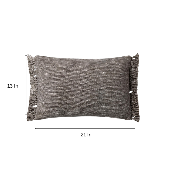Grey rectangular lumbar throw pillow with fringe trim, 13x21 inches, featuring a cotton-polyester-rayon cover and plush polyester fill—perfect for modern and neutral interior décor.