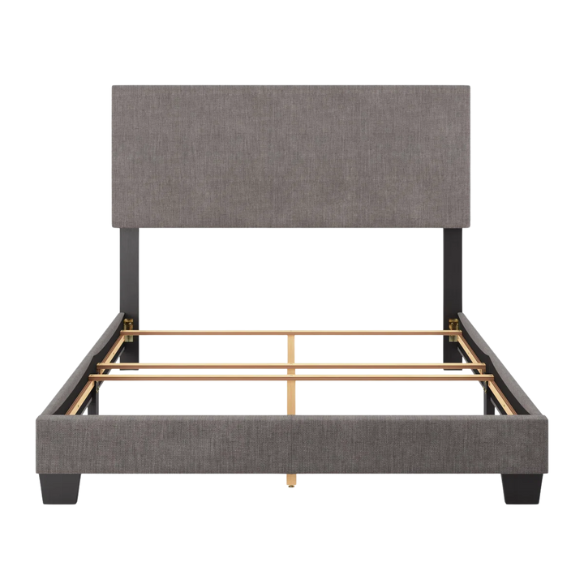 Full-size grey upholstered bed with soft polyester fabric, tall foam-padded headboard, and sleek rectangular frame design.