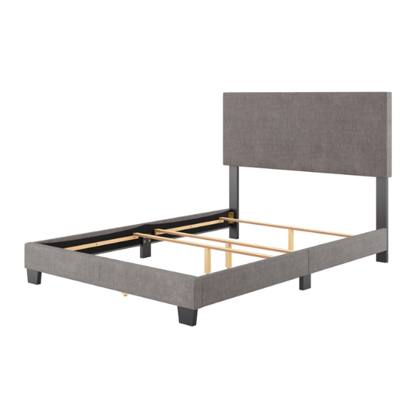 Full-size grey upholstered bed with soft polyester fabric, tall foam-padded headboard, and sleek rectangular frame design.