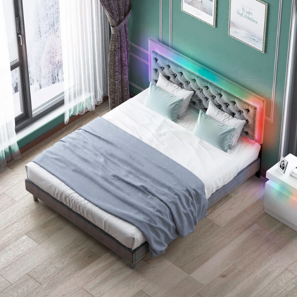 Grey full size upholstered bed frame with tufted velveteen headboard, built-in RGB LED strip lighting, and smart app control features