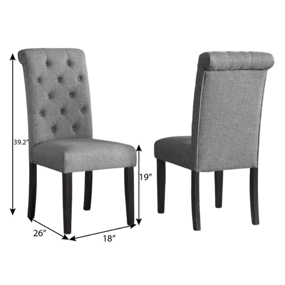 Set of 2 grey tufted high-back dining chairs with espresso-finished solid wood legs and foam-padded polyester upholstery—ideal for farmhouse and modern dining spaces.