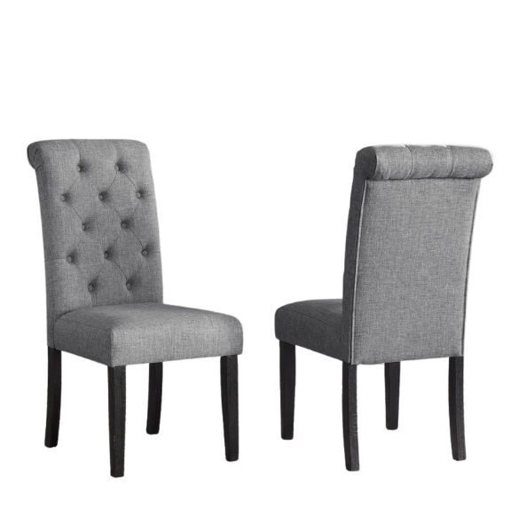 Set of 2 grey tufted high-back dining chairs with espresso-finished solid wood legs and foam-padded polyester upholstery—ideal for farmhouse and modern dining spaces.