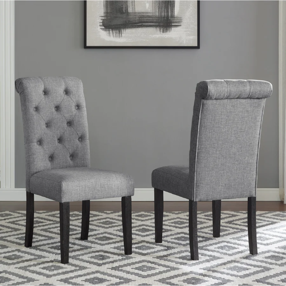 Set of 2 grey tufted high-back dining chairs with espresso-finished solid wood legs and foam-padded polyester upholstery—ideal for farmhouse and modern dining spaces.
