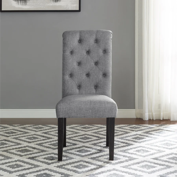 Set of 2 grey tufted high-back dining chairs with espresso-finished solid wood legs and foam-padded polyester upholstery—ideal for farmhouse and modern dining spaces.