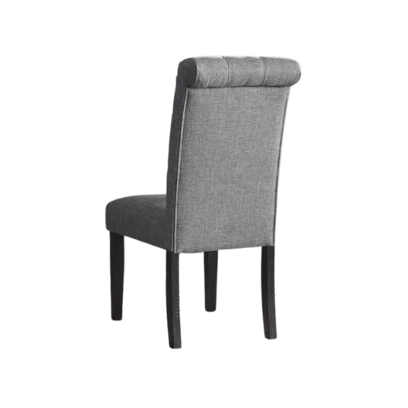 Set of 2 grey tufted high-back dining chairs with espresso-finished solid wood legs and foam-padded polyester upholstery—ideal for farmhouse and modern dining spaces.