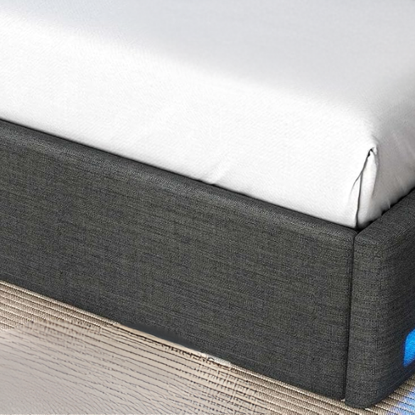 Modern grey twin bed frame with RGB LED headboard, USB charging ports, storage drawers, and upholstered linen fabric