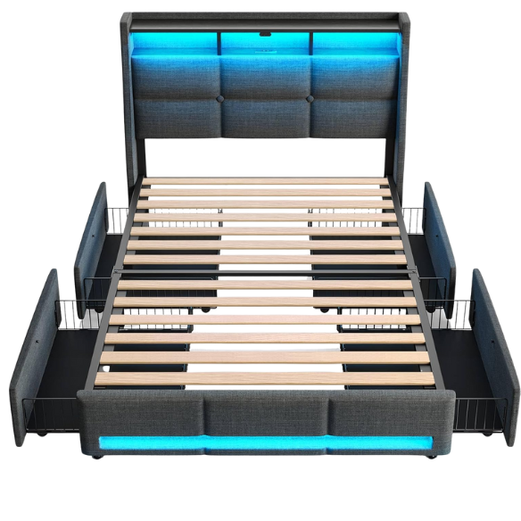 Modern grey twin bed frame with RGB LED headboard, USB charging ports, storage drawers, and upholstered linen fabric