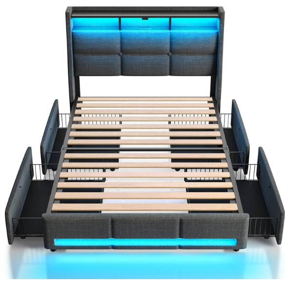 Modern grey twin bed frame with RGB LED headboard, USB charging ports, storage drawers, and upholstered linen fabric