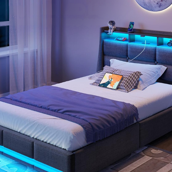 Modern grey twin bed frame with RGB LED headboard, USB charging ports, storage drawers, and upholstered linen fabric