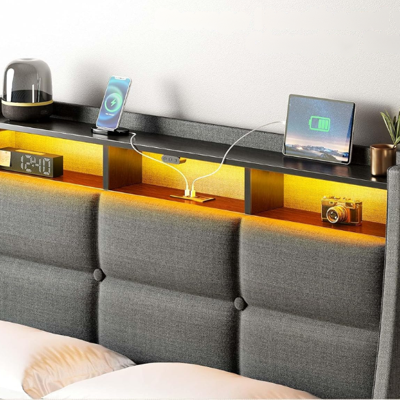 Modern grey twin bed frame with RGB LED headboard, USB charging ports, storage drawers, and upholstered linen fabric