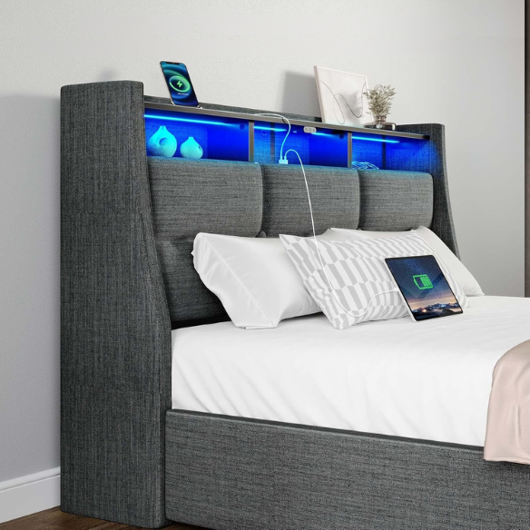 Modern grey twin bed frame with RGB LED headboard, USB charging ports, storage drawers, and upholstered linen fabric