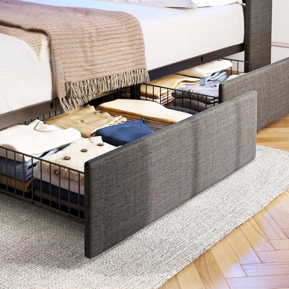 Modern grey twin bed frame with RGB LED headboard, USB charging ports, storage drawers, and upholstered linen fabric