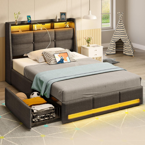 Modern grey twin bed frame with RGB LED headboard, USB charging ports, storage drawers, and upholstered linen fabric