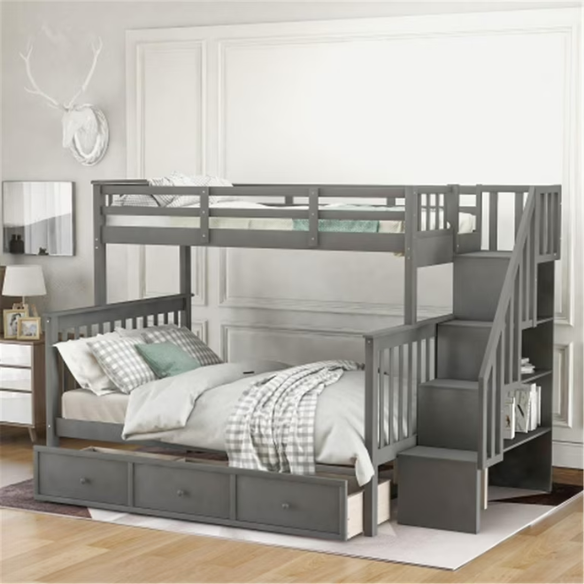 Twin over full bunk bed in grey finish with stairs, built-in storage compartments, and three underbed drawers – solid wood frame for kids and teens