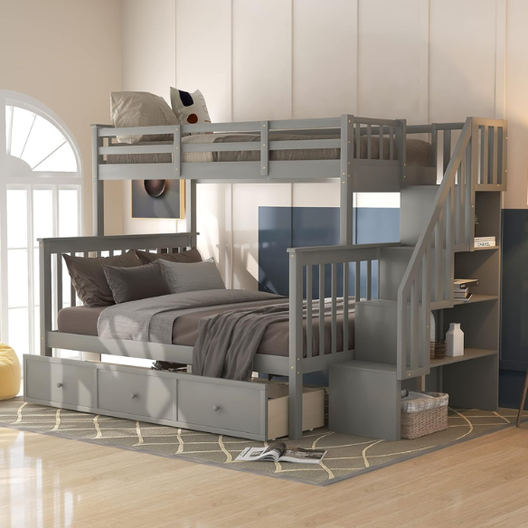 Twin over full bunk bed in grey finish with stairs, built-in storage compartments, and three underbed drawers – solid wood frame for kids and teens