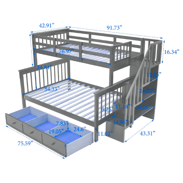 Twin over full bunk bed in grey finish with stairs, built-in storage compartments, and three underbed drawers – solid wood frame for kids and teens