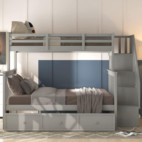 Twin over full bunk bed in grey finish with stairs, built-in storage compartments, and three underbed drawers – solid wood frame for kids and teens