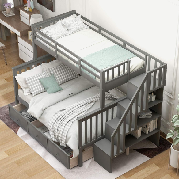 Twin over full bunk bed in grey finish with stairs, built-in storage compartments, and three underbed drawers – solid wood frame for kids and teens