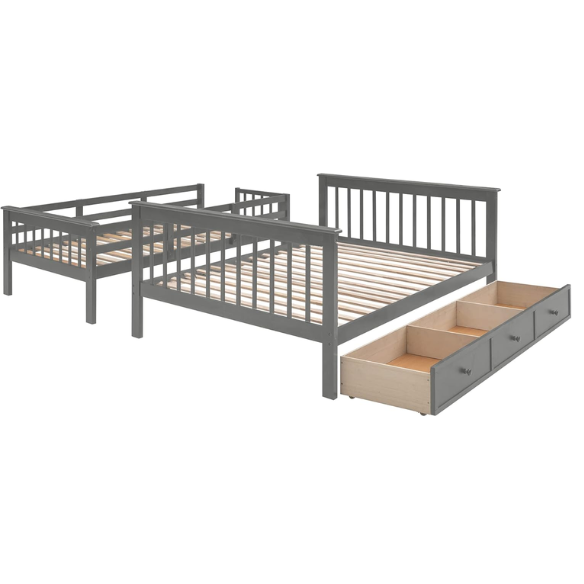 Twin over full bunk bed in grey finish with stairs, built-in storage compartments, and three underbed drawers – solid wood frame for kids and teens