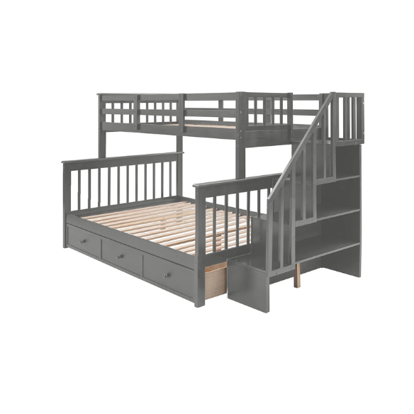 Twin over full bunk bed in grey finish with stairs, built-in storage compartments, and three underbed drawers – solid wood frame for kids and teens
