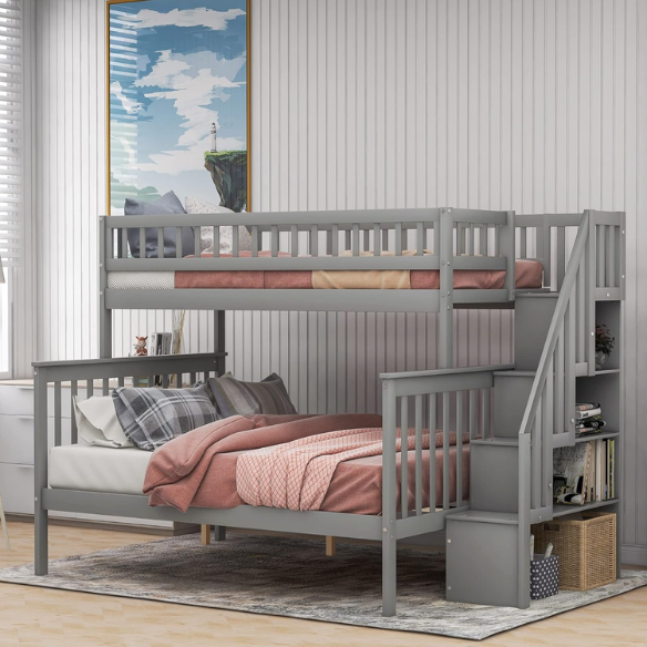 Modern grey twin over full bunk bed with built-in stairs and storage drawers, solid wood frame with safety rails, perfect for kids’ bedrooms.