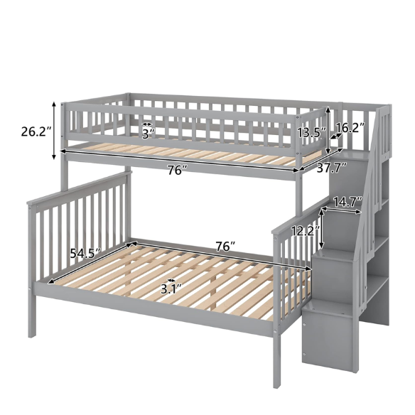 Modern grey twin over full bunk bed with built-in stairs and storage drawers, solid wood frame with safety rails, perfect for kids’ bedrooms.