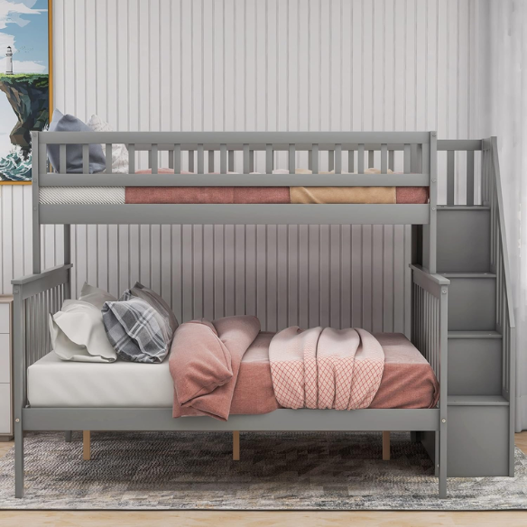 Modern grey twin over full bunk bed with built-in stairs and storage drawers, solid wood frame with safety rails, perfect for kids’ bedrooms.