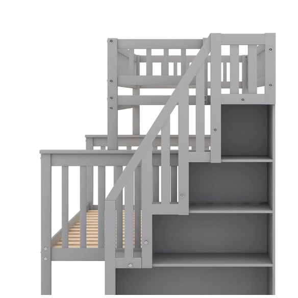 Modern grey twin over full bunk bed with built-in stairs and storage drawers, solid wood frame with safety rails, perfect for kids’ bedrooms.