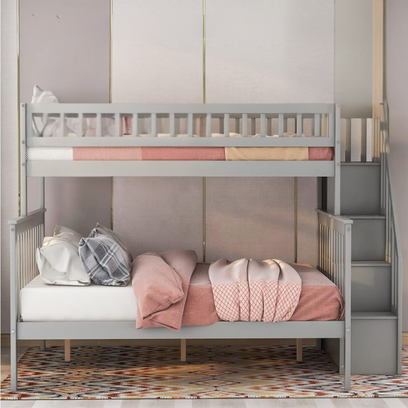 Modern grey twin over full bunk bed with built-in stairs and storage drawers, solid wood frame with safety rails, perfect for kids’ bedrooms.