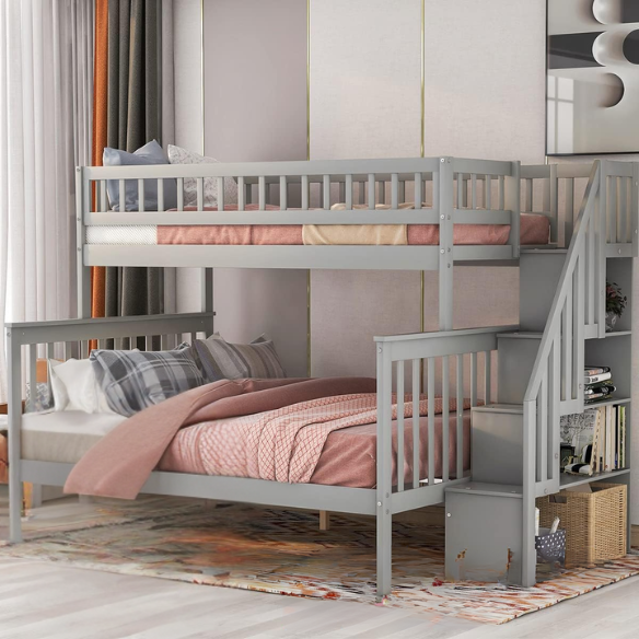 Modern grey twin over full bunk bed with built-in stairs and storage drawers, solid wood frame with safety rails, perfect for kids’ bedrooms.