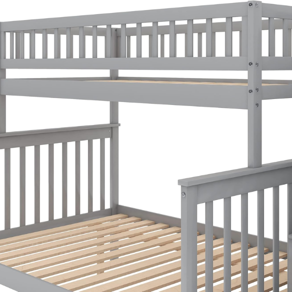 Modern grey twin over full bunk bed with built-in stairs and storage drawers, solid wood frame with safety rails, perfect for kids’ bedrooms.