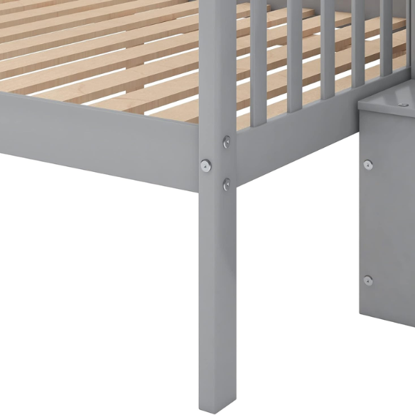 Modern grey twin over full bunk bed with built-in stairs and storage drawers, solid wood frame with safety rails, perfect for kids’ bedrooms.