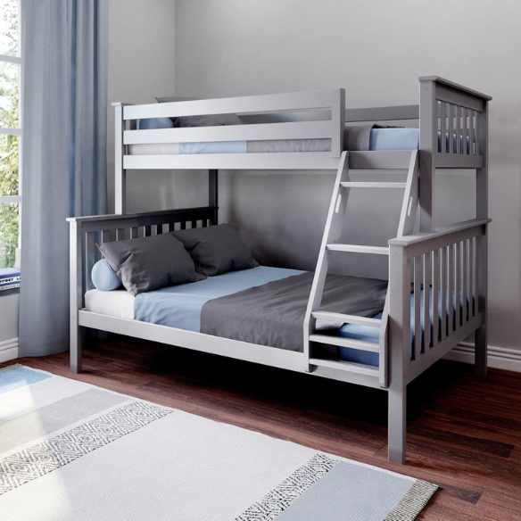 Twin over full solid wood bunk bed in grey finish with reversible ladder, safety guardrails, and space-saving design for kids’ rooms
