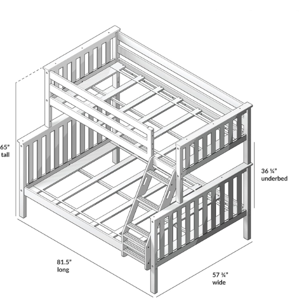 Twin over full solid wood bunk bed in grey finish with reversible ladder, safety guardrails, and space-saving design for kids’ rooms