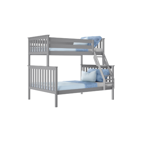Twin over full solid wood bunk bed in grey finish with reversible ladder, safety guardrails, and space-saving design for kids’ rooms