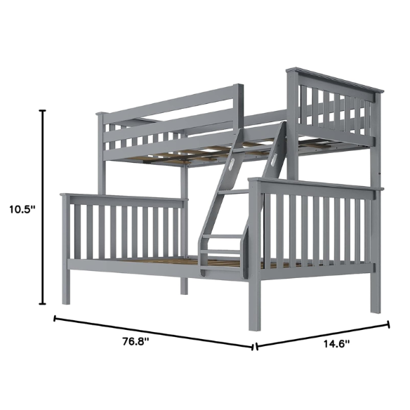 Twin over full solid wood bunk bed in grey finish with reversible ladder, safety guardrails, and space-saving design for kids’ rooms